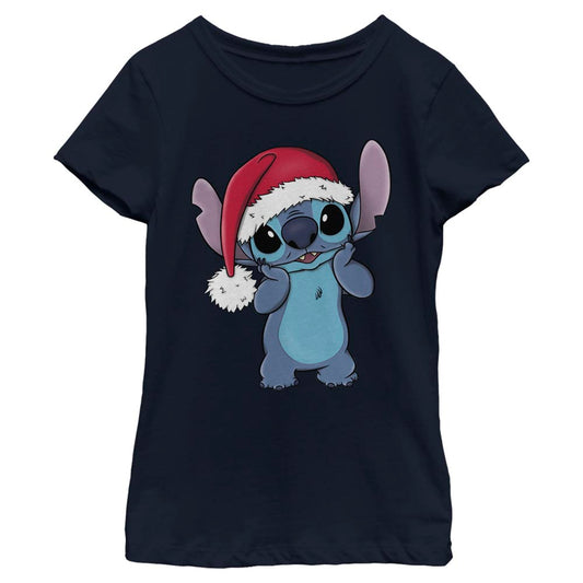 Girl's Disney Stitch Wearing Santa Hat T-Shirt